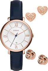 Fossil Jacqueline Three-Hand Date Blue Leather Watch and Earrings Box Set ES4140SET Наручные часы